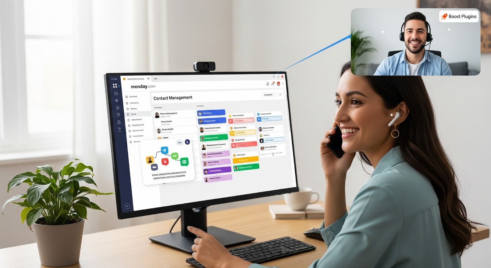 An image of a smiling woman on a support call while viewing Monday.com’s contact management board on her monitor, with a Boost Plugins representative assisting her virtually.