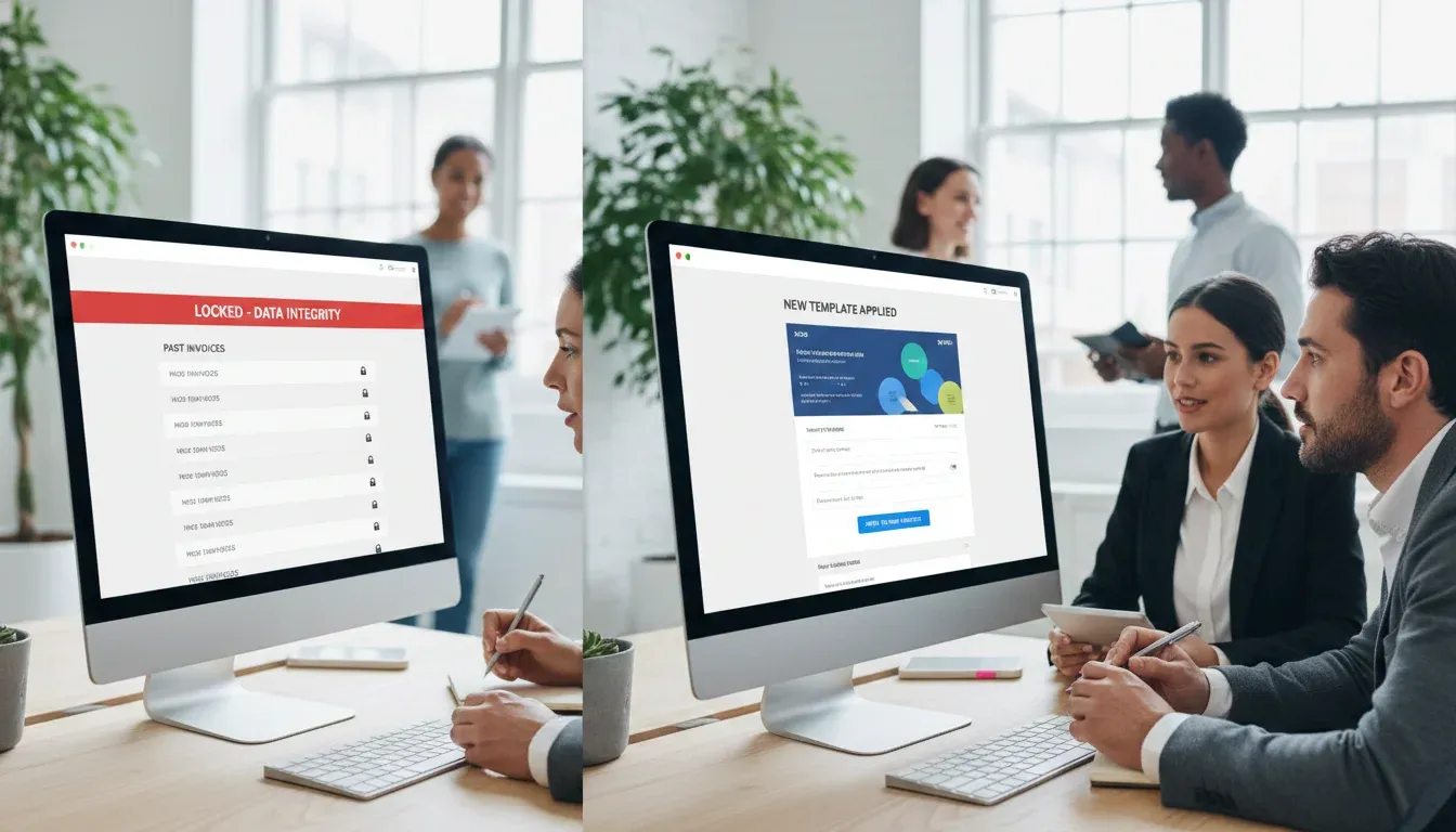 An image of a split screen showing locked past invoices for data integrity and a new Xero invoice template being applied for updated billing