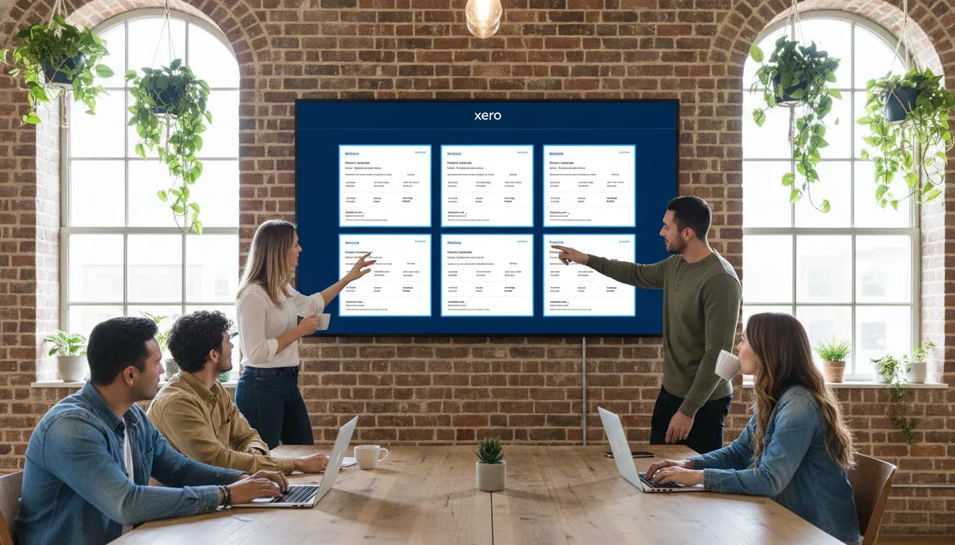 An image of a team comparing multiple Xero invoice templates on a large display to ensure consistency across billing workflows