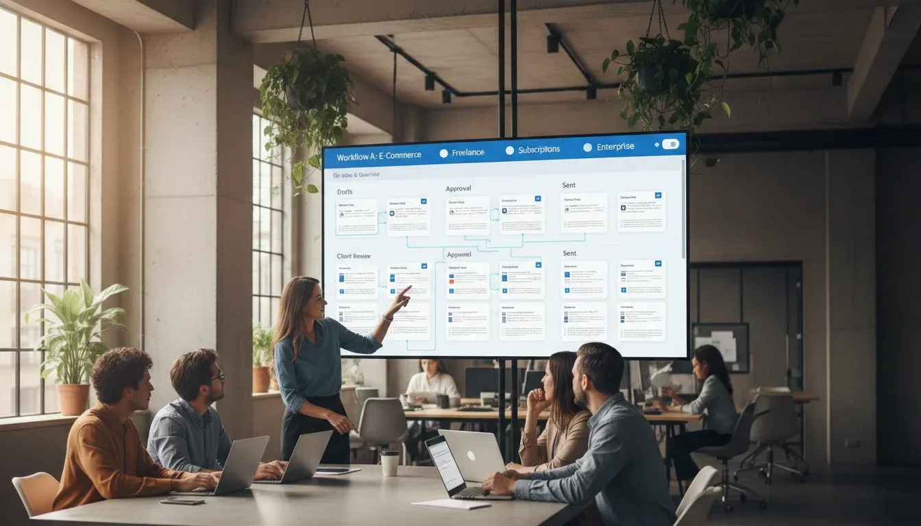 A photo of a team analyzing a digital invoice workflow diagram on a large screen to improve billing efficiency and automation