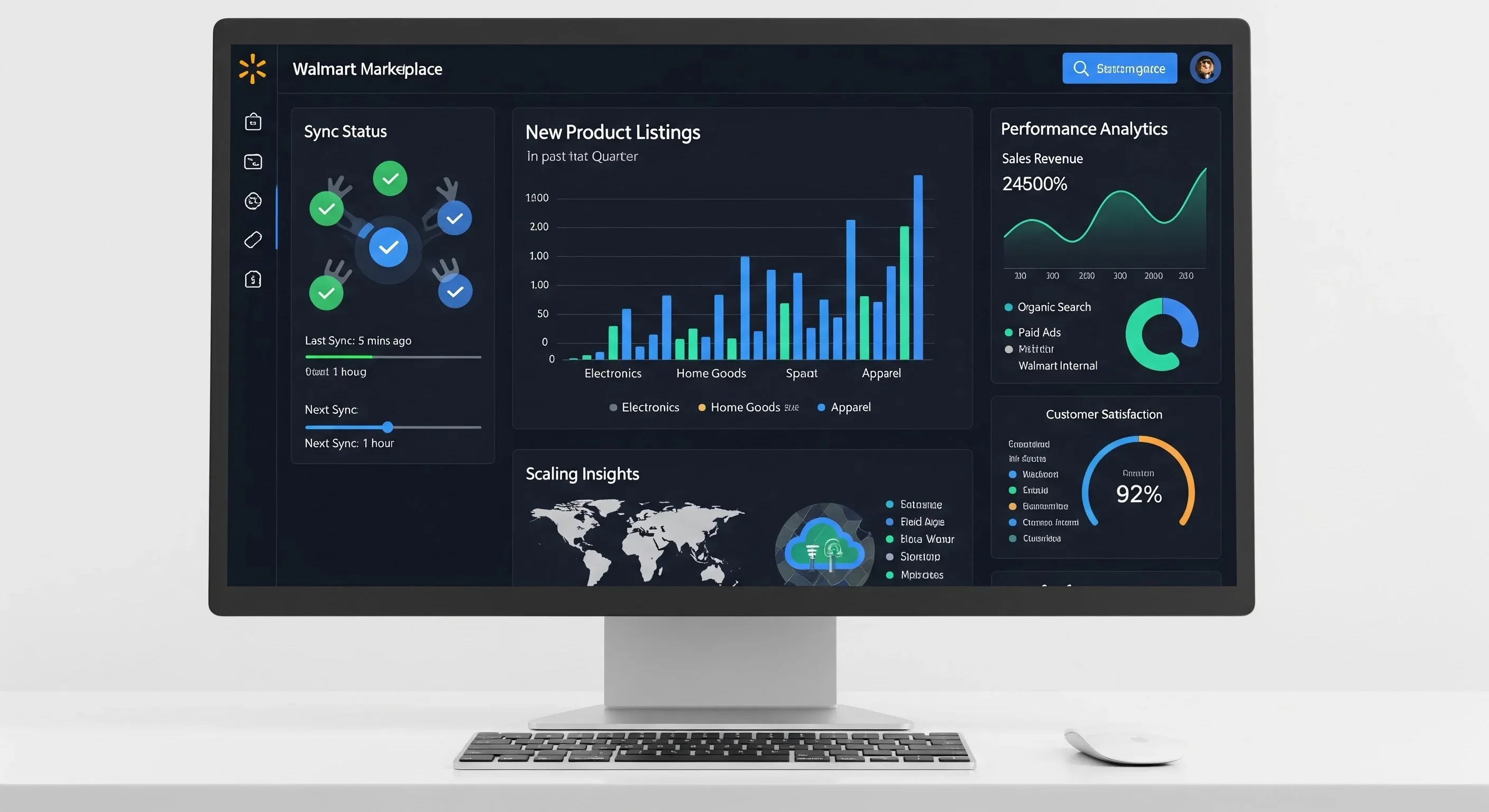 An image of a Walmart Marketplace analytics dashboard showing sync status, performance metrics, and sales insights.