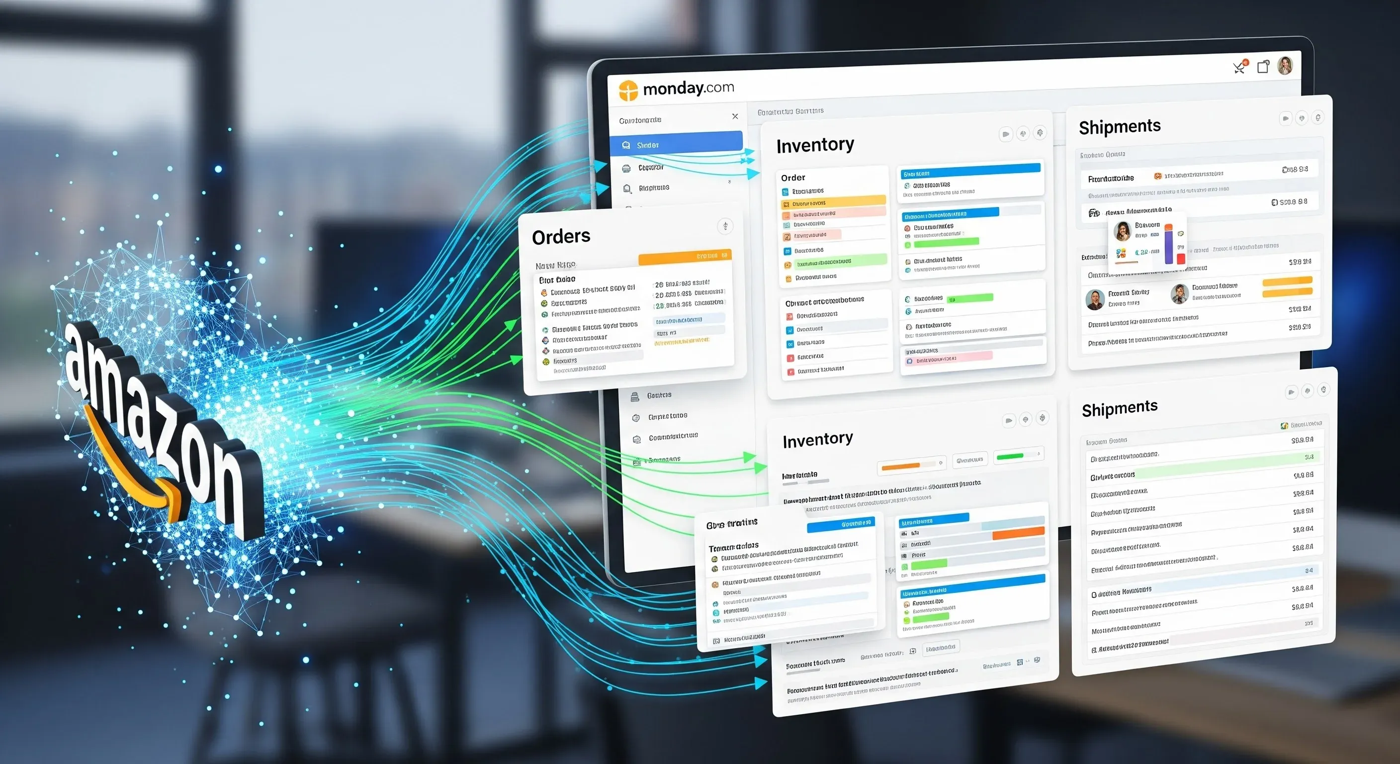 An image of Amazon order and inventory data flowing into monday.com