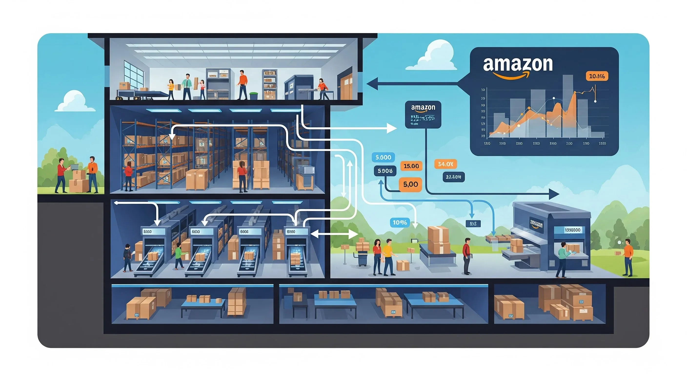 An image of Amazon warehouse operations connected to inventory analytics.