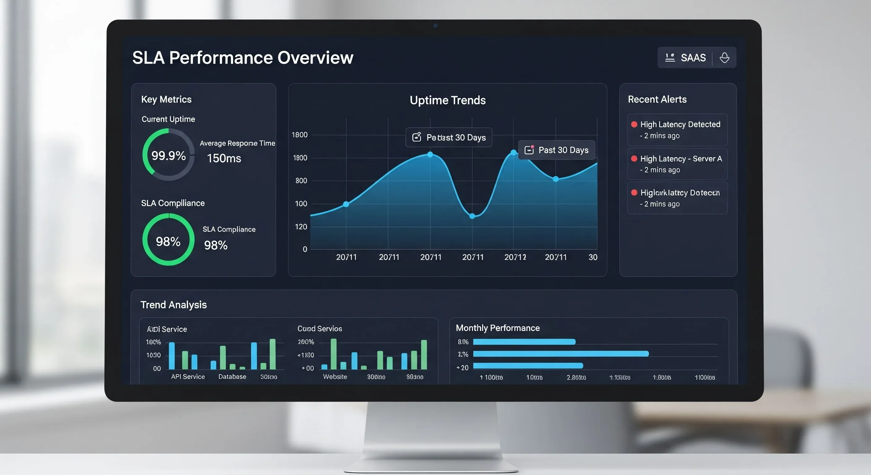 An image of an SLA performance overview dashboard showing uptime trends, SLA compliance percentages, response time metrics, and recent alerts for SaaS services.
