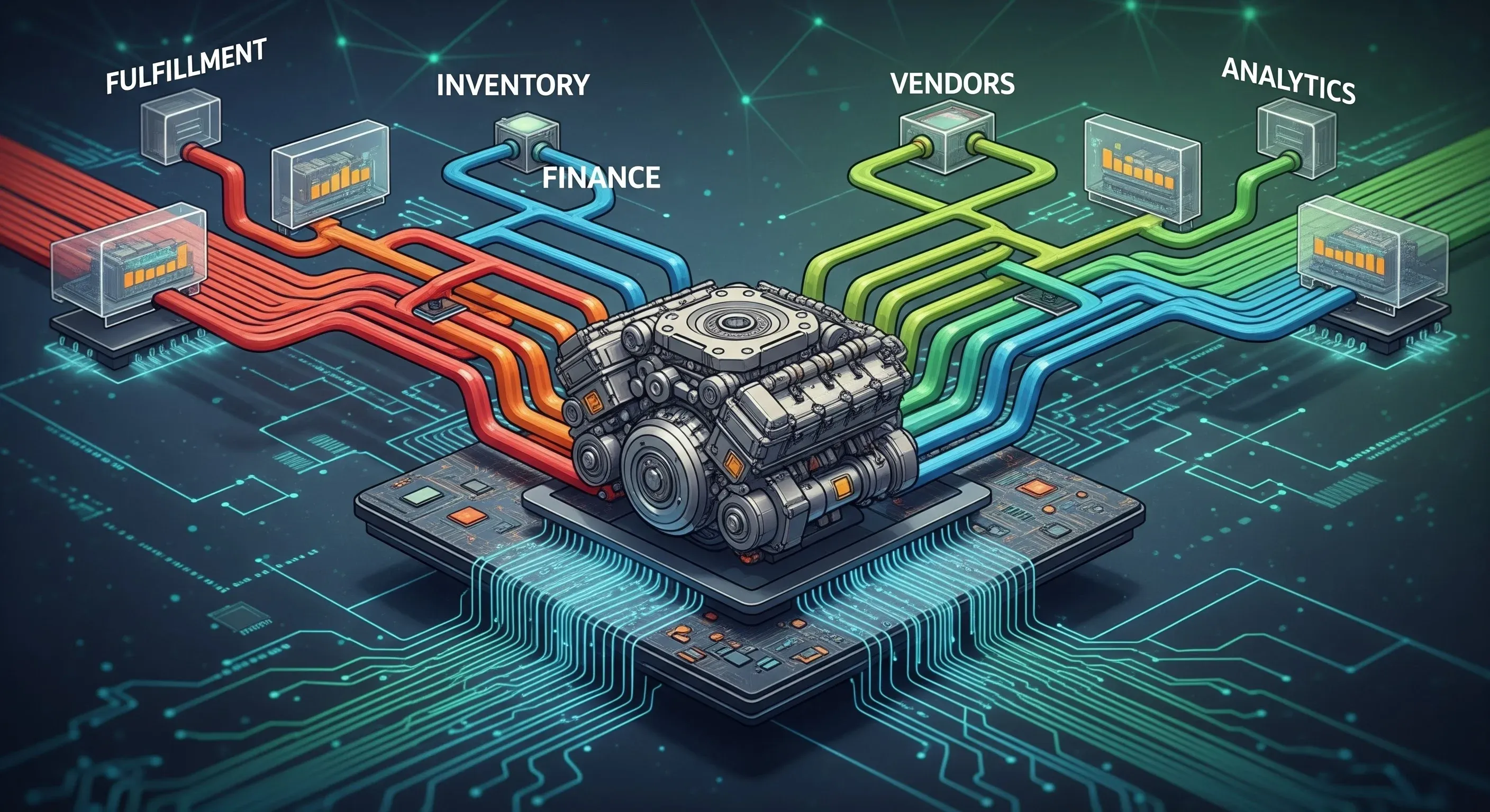 An image of connected systems for Amazon fulfillment, inventory, and finance.