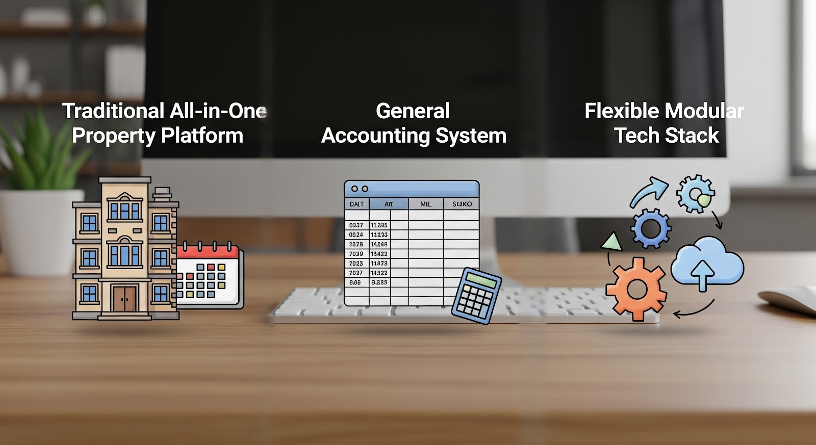 An image of icons showing a traditional property platform, a general accounting system, and a modular tech stack.