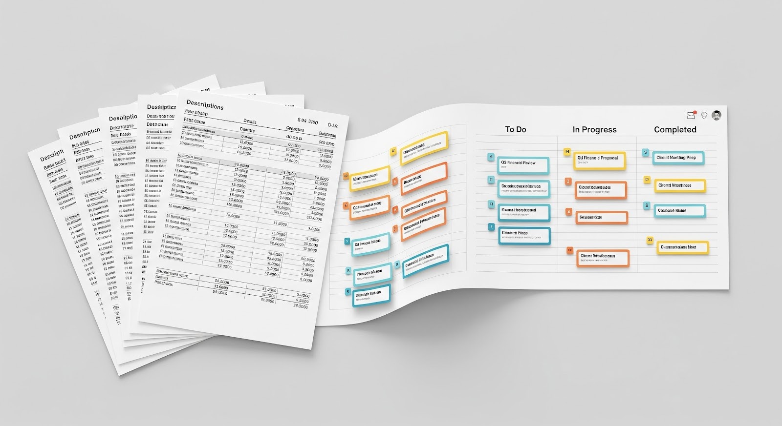 An image of printed financial statements transitioning into a colorful workflow board, symbolizing the streamlined data flow 