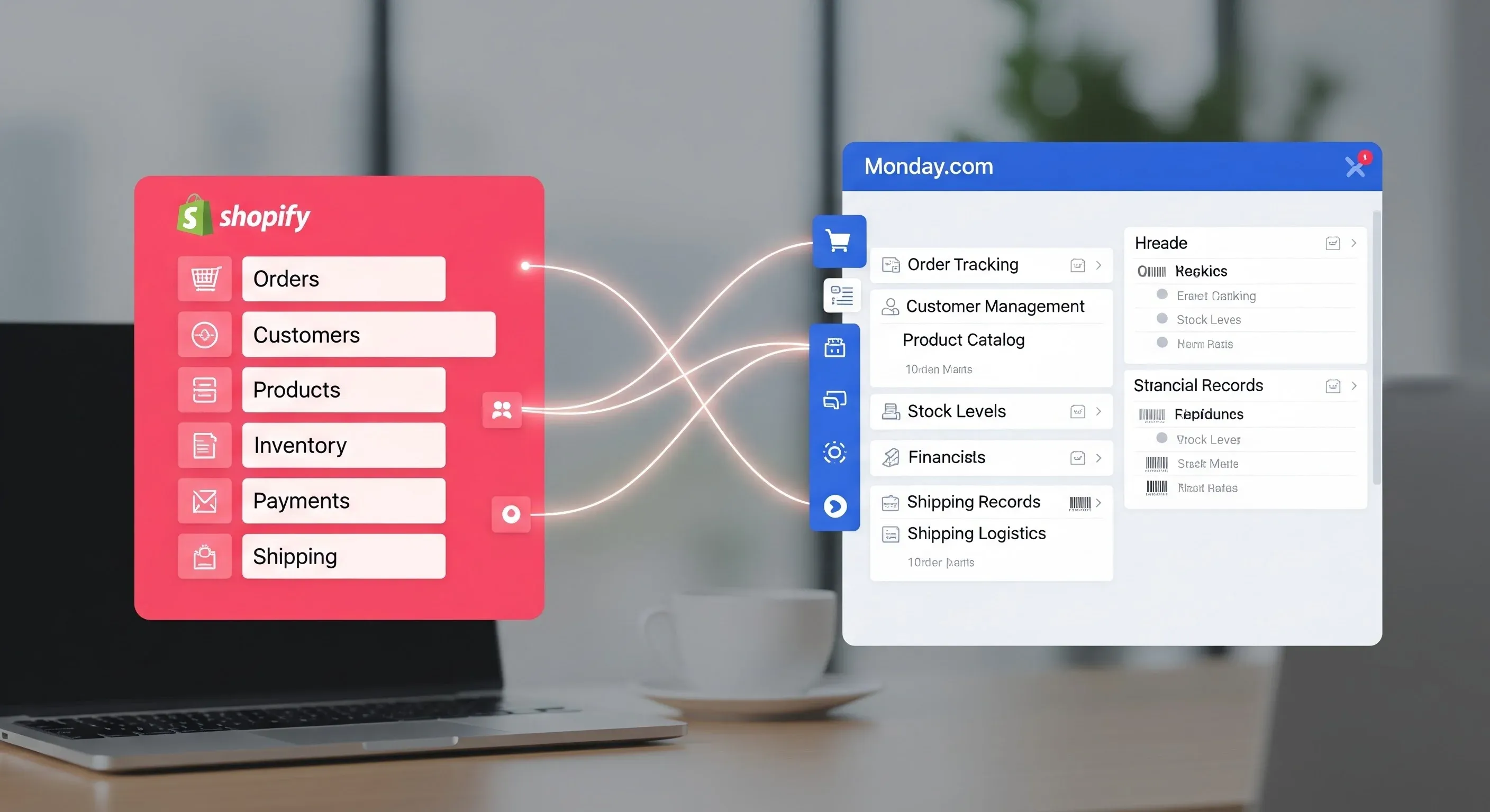An image of Shopify orders, customers, and inventory syncing to Monday.com.