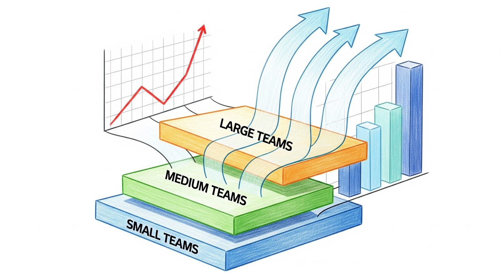 An image of small, medium, and large team layers with upward arrows and charts showing growth