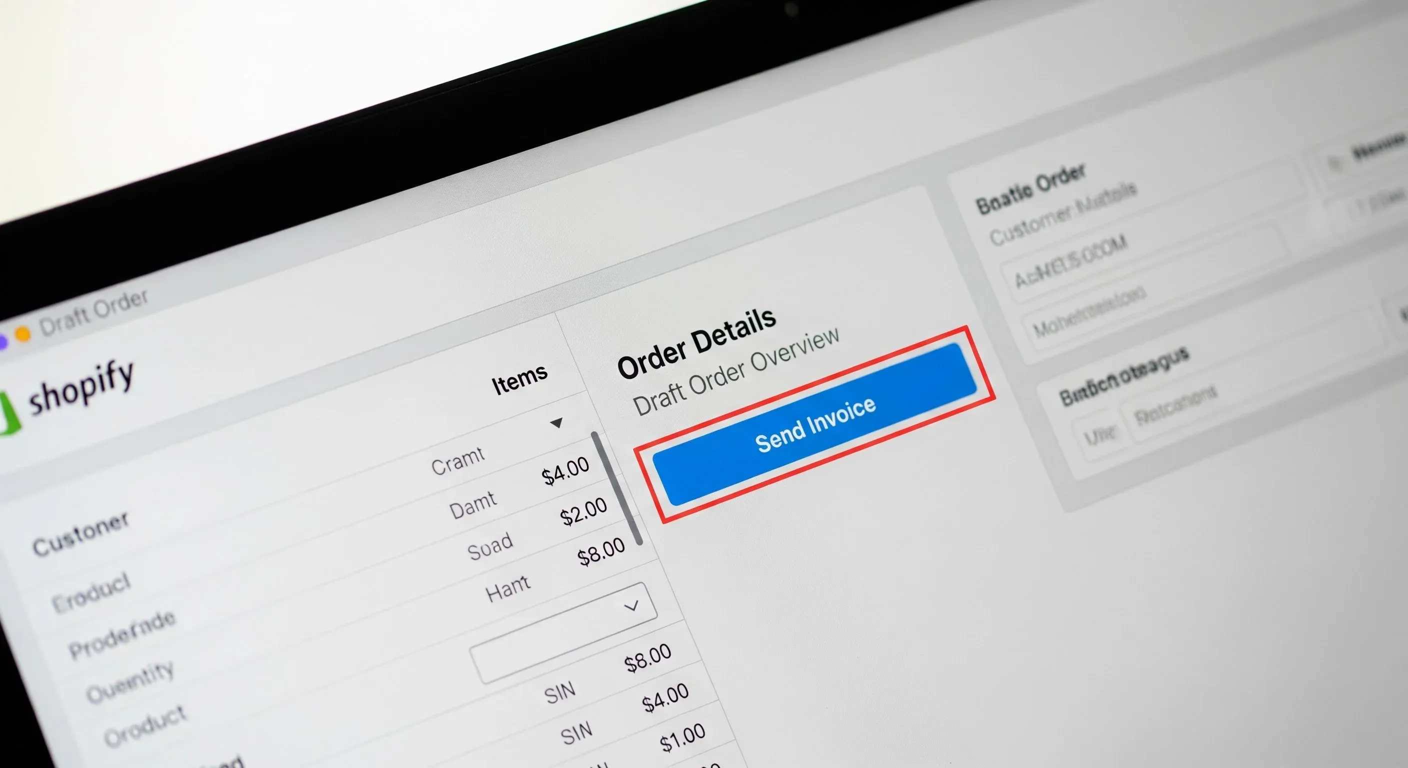 An image of the Shopify draft order page highlighting the Send Invoice button for creating a customer invoice
