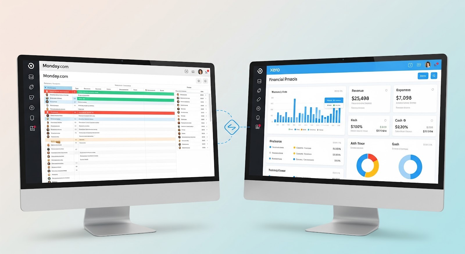 An image of two computer monitors side by side, one showing a Monday.com project board and the other showing Xero financial analytics.