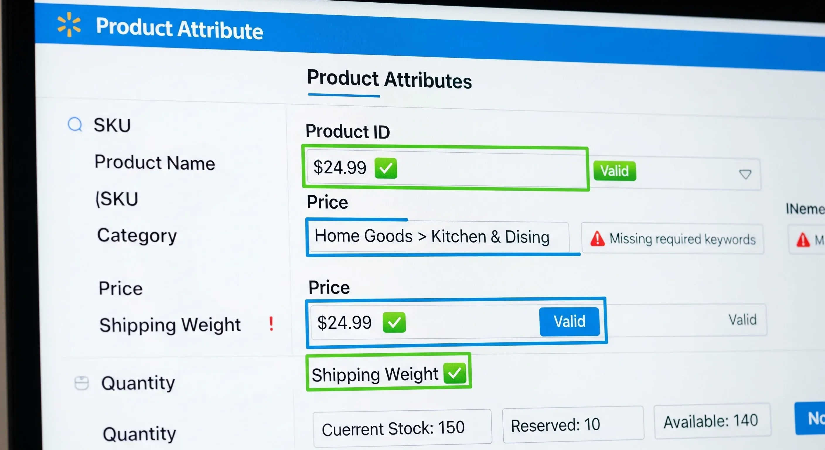 An image of Walmart Marketplace product attributes showing pricing, SKU data, and inventory validation fields.
