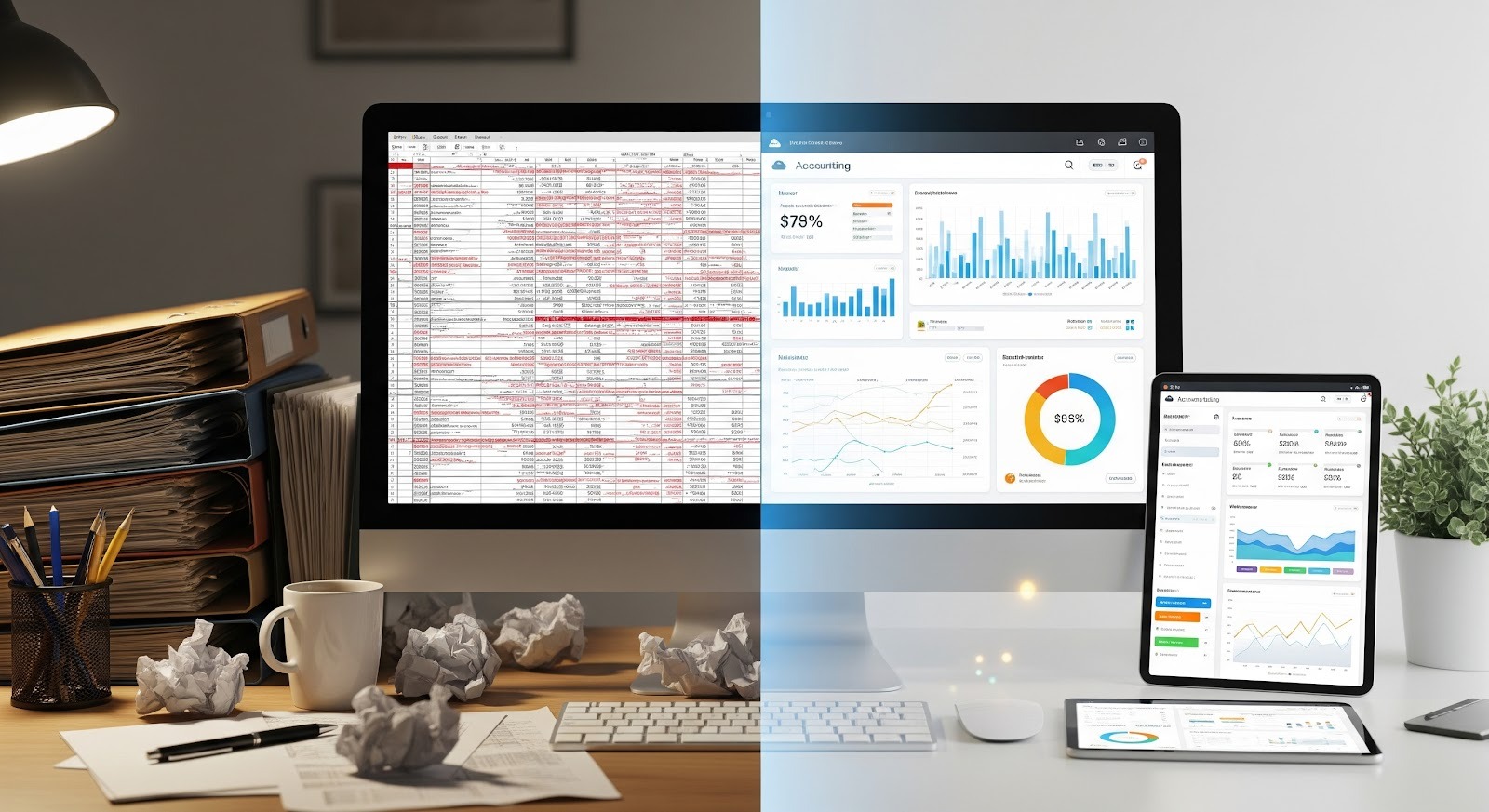 An image showing messy spreadsheets on one side and clean automated accounting dashboards on the other.