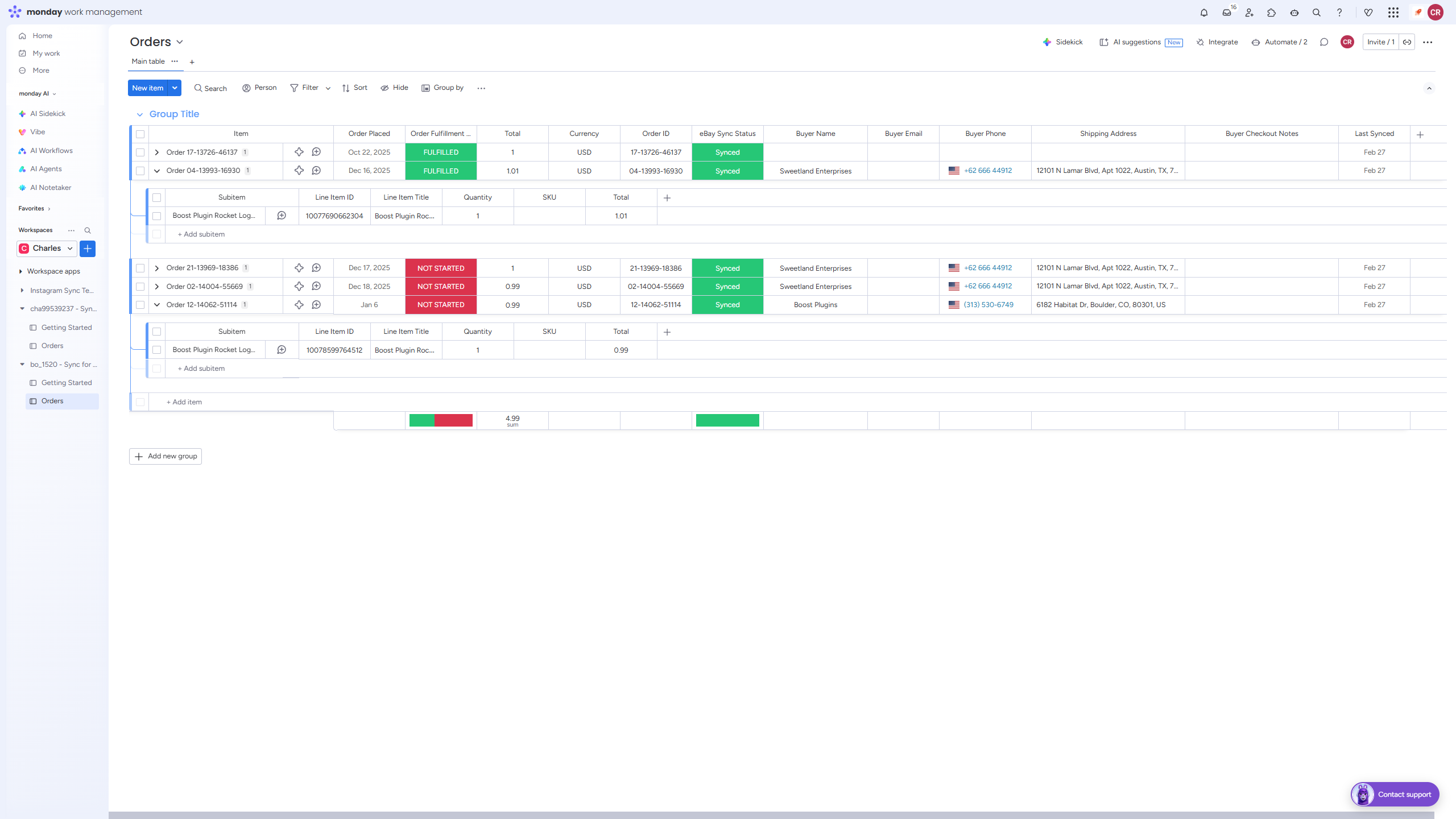 eBay data synced into a monday.com board