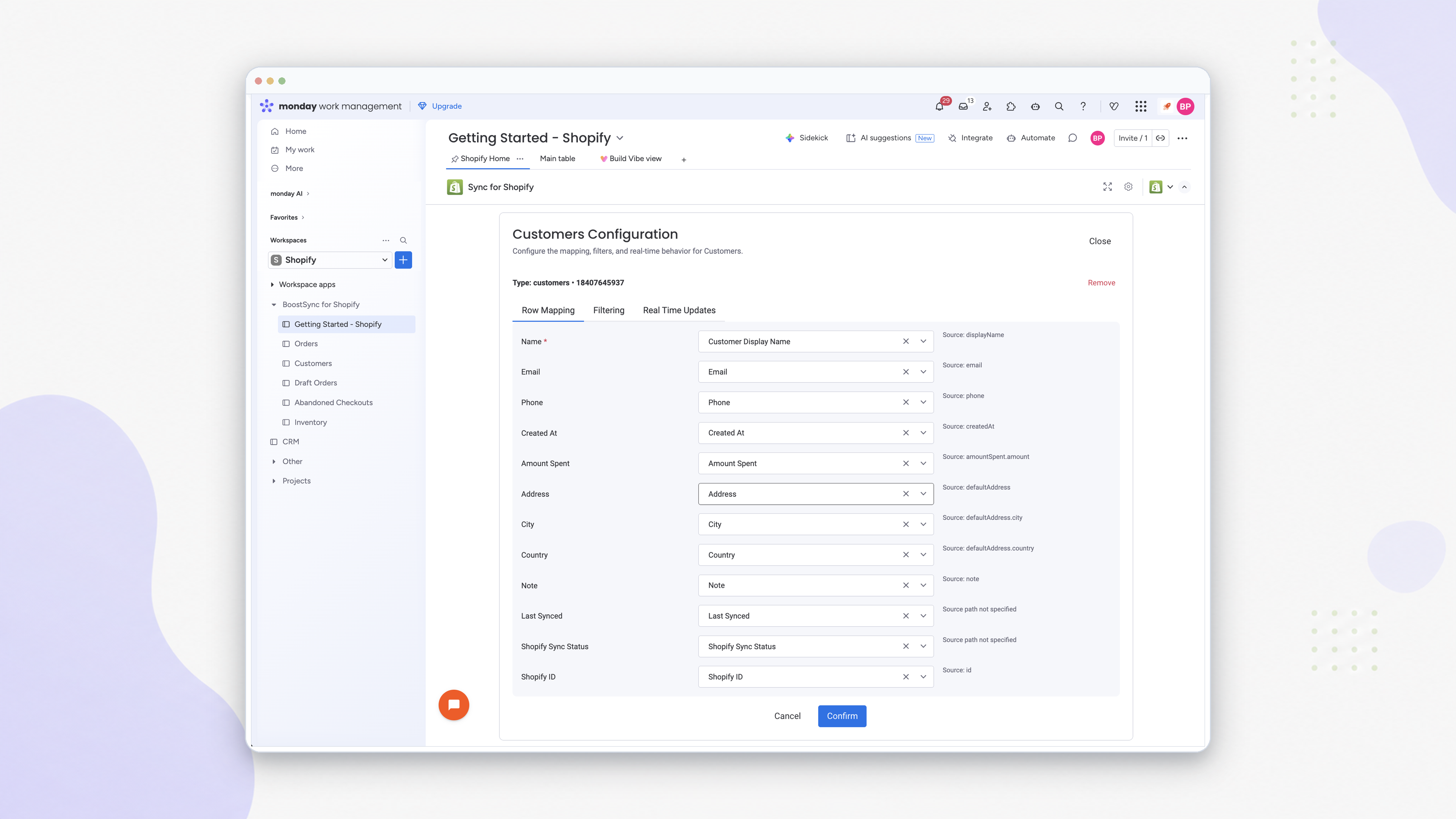 BoostSync for Shopify configuration screen mapping Shopify customer fields to monday.com board columns