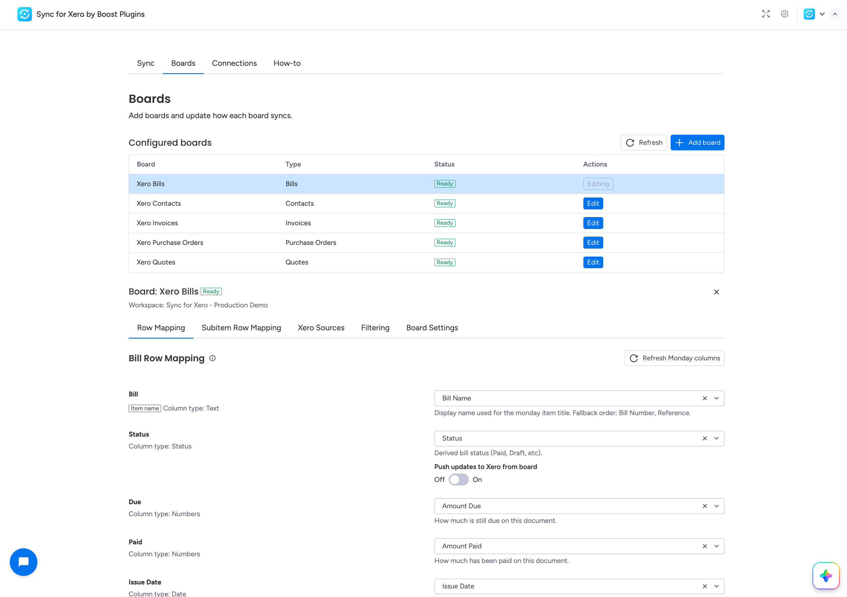 BoostSync for Xero board mapping page