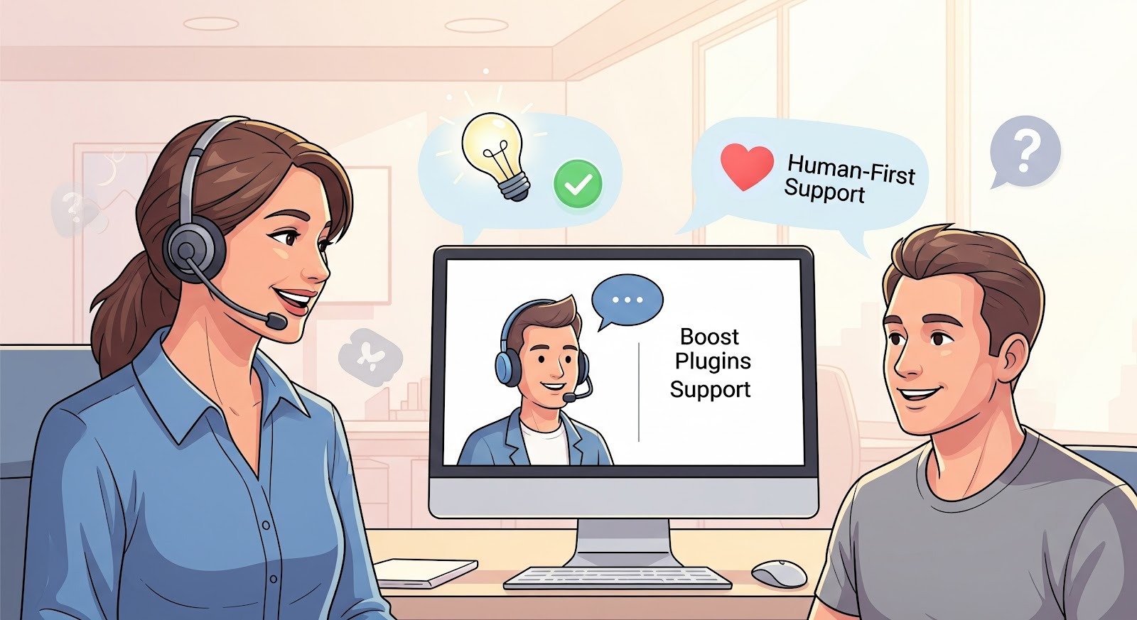 An illustration of a man speaking with a Boost Plugins support agent on his computer, with icons showing helpful and human first support.