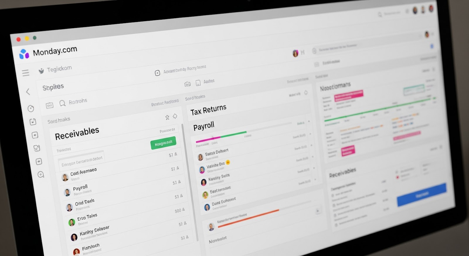 A photo of a computer screen showing a Monday.com workspace with organized boards for payroll, tax returns, and receivables, highlighting automation and task tracking for accounting teams.