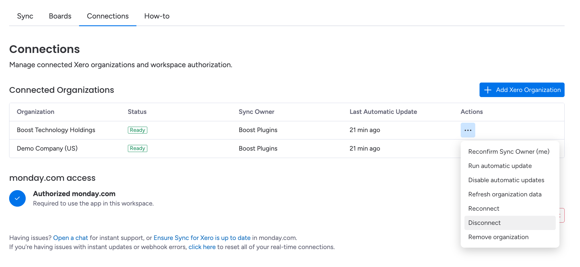 BoostSync for Xero disconnect page