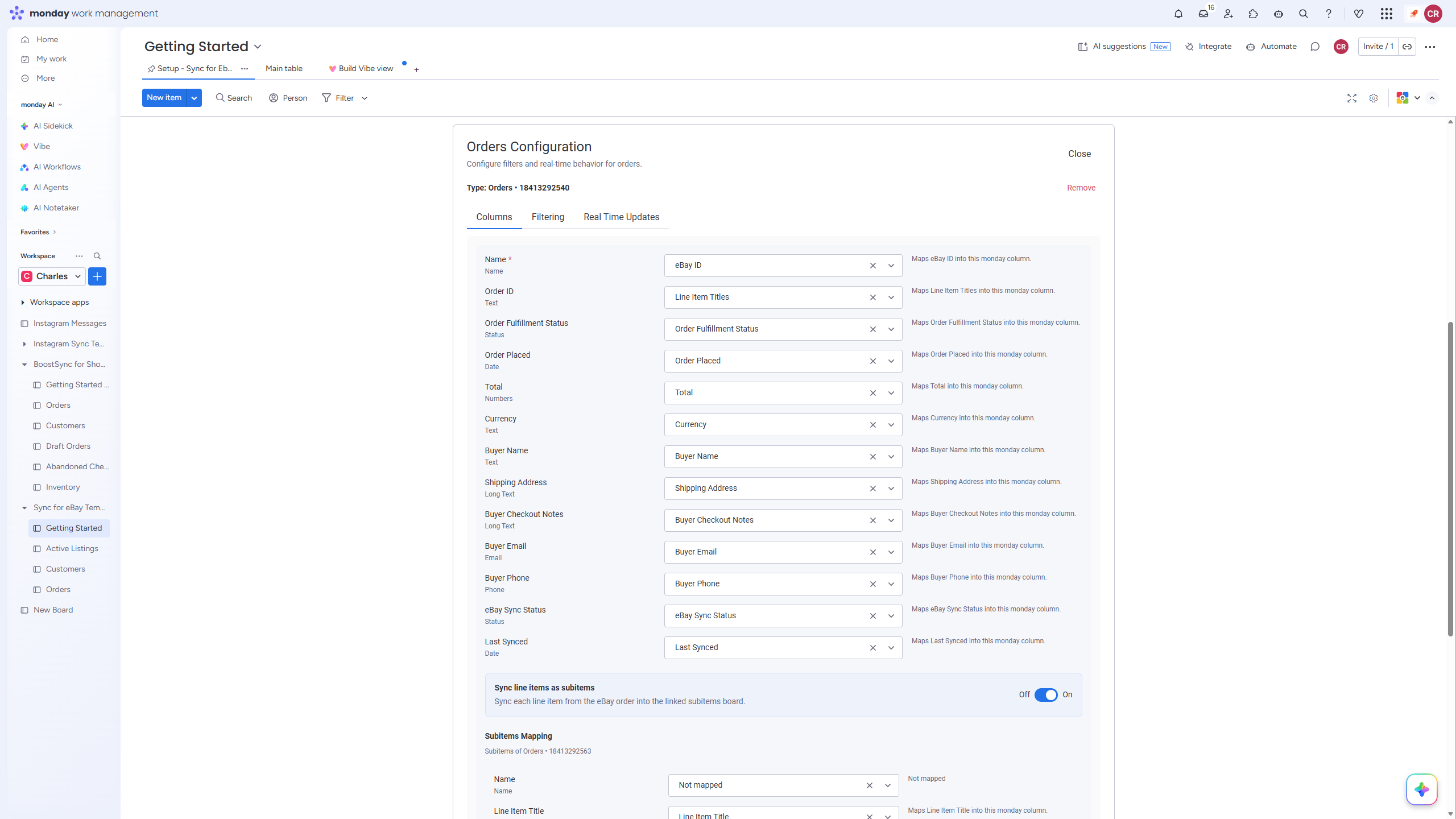 BoostSync for eBay Custom Column Mapping User Interface