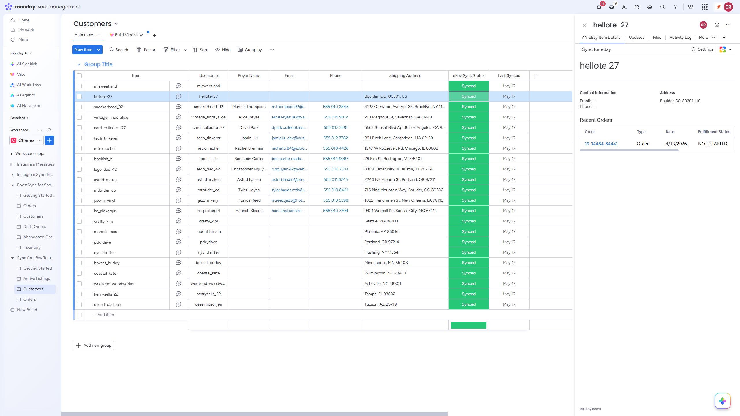 eBay Customer board and Customer Item View
