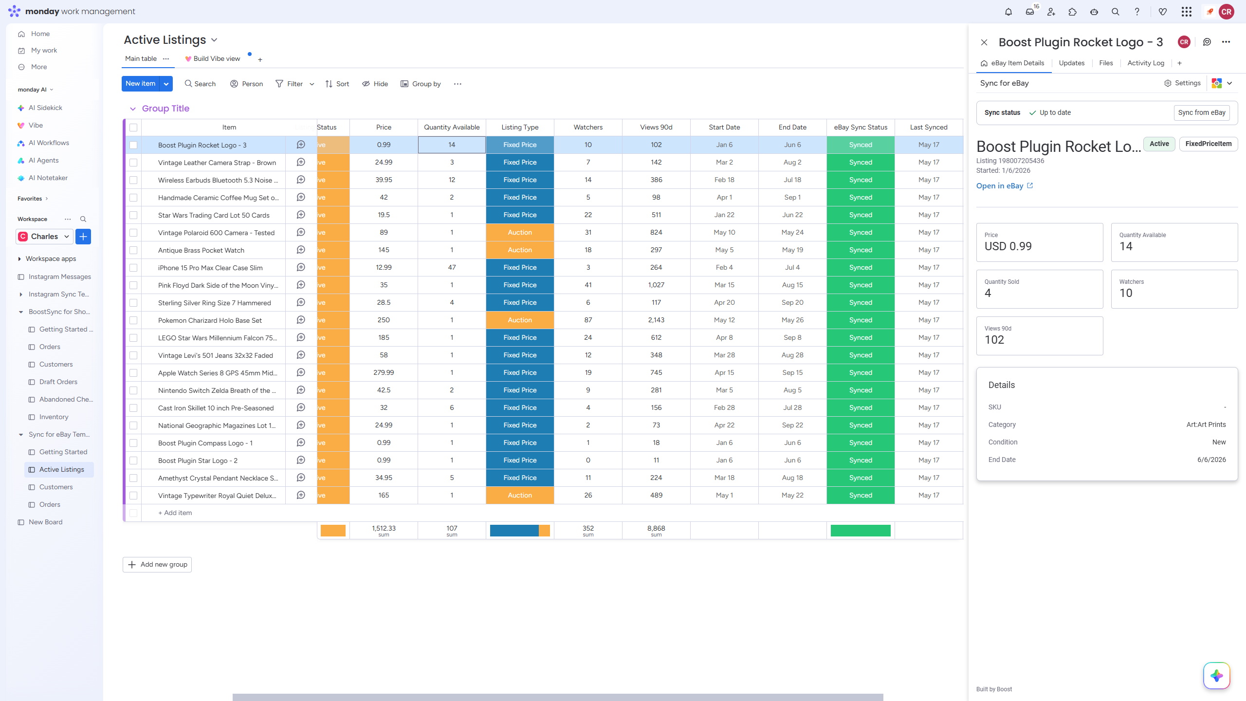 eBay Listing board and Listing Item View