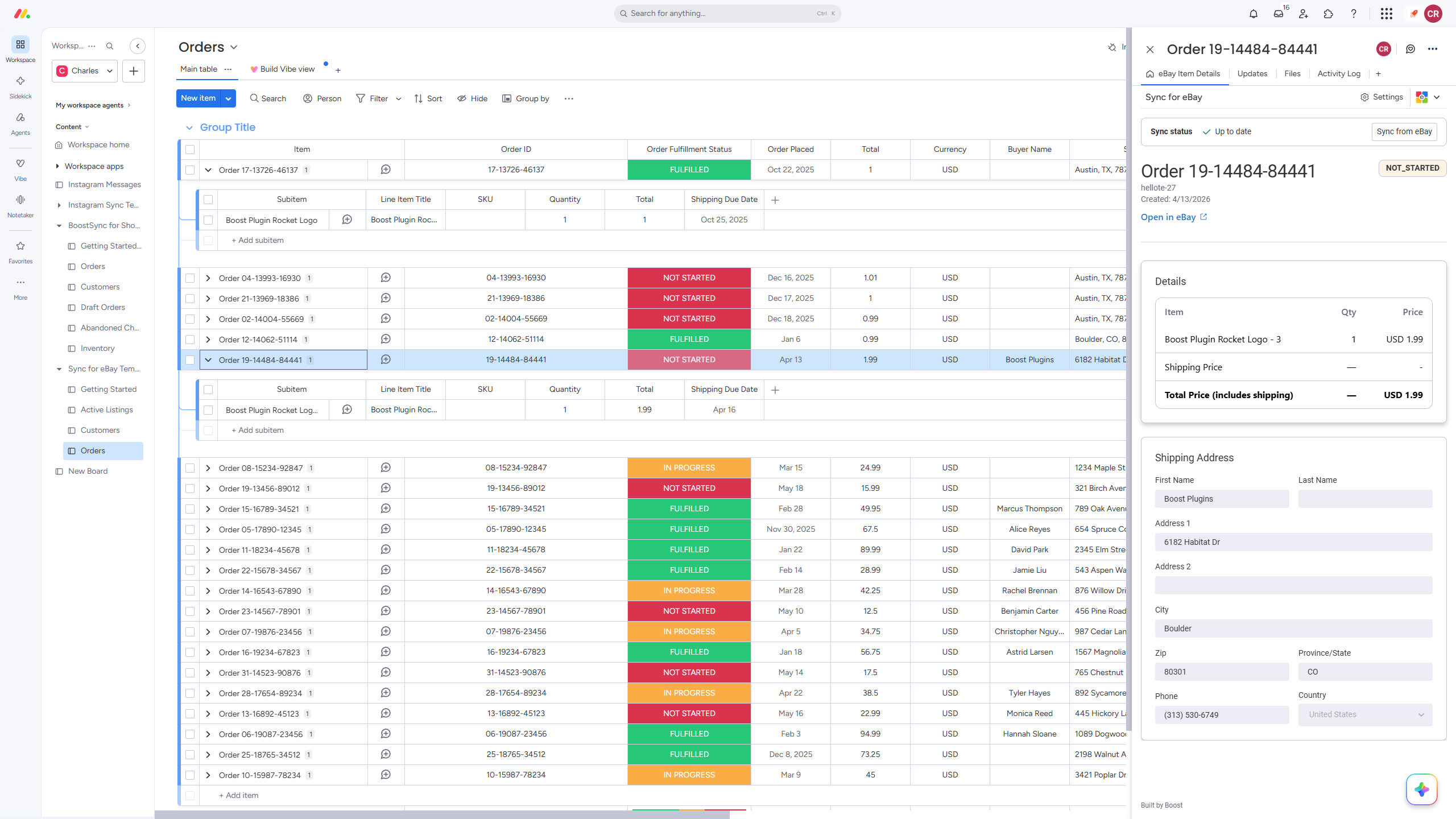eBay Order board and Order Item View
