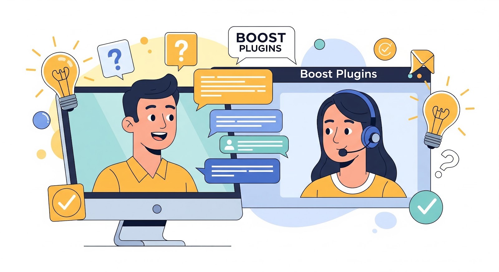 An illustration of a customer and a Boost Plugins support agent chatting online through computer screens, surrounded by icons of ideas, questions, and checkmarks.