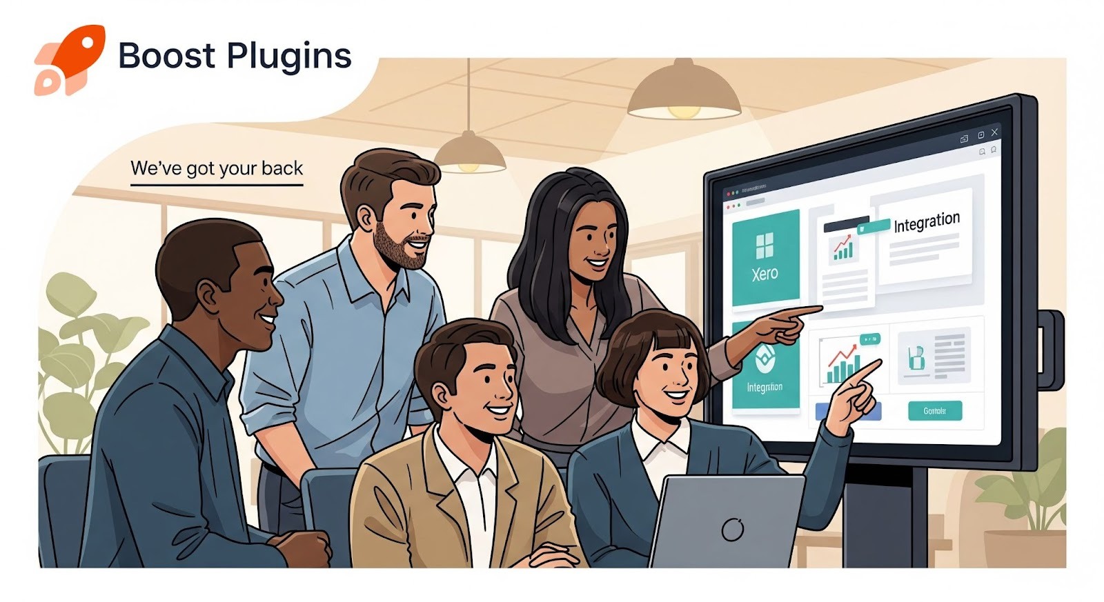 An illustration of a Boost Plugins team in an office, smiling and pointing at a large screen showing Xero integrations and performance charts.