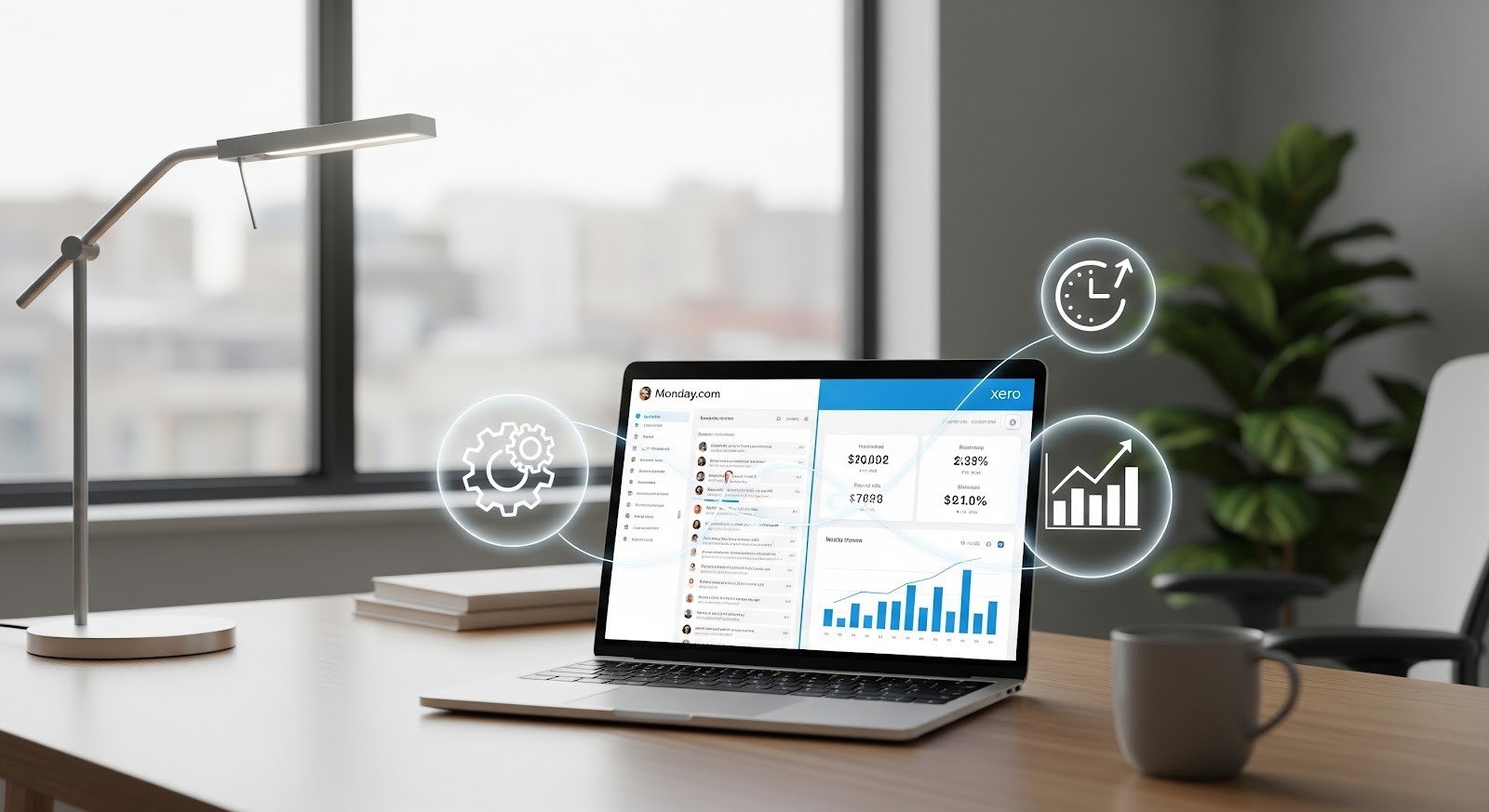 An image of a laptop showing synced Monday and Xero interfaces side by side, visualizing real-time data integration and financial reporting in a bright workspace.