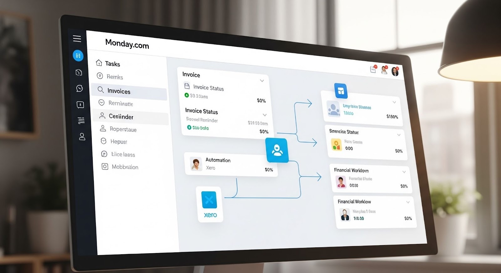 An image of a monitor displaying a Monday.com dashboard showing invoice workflows and Xero integration in a modern office setting.
