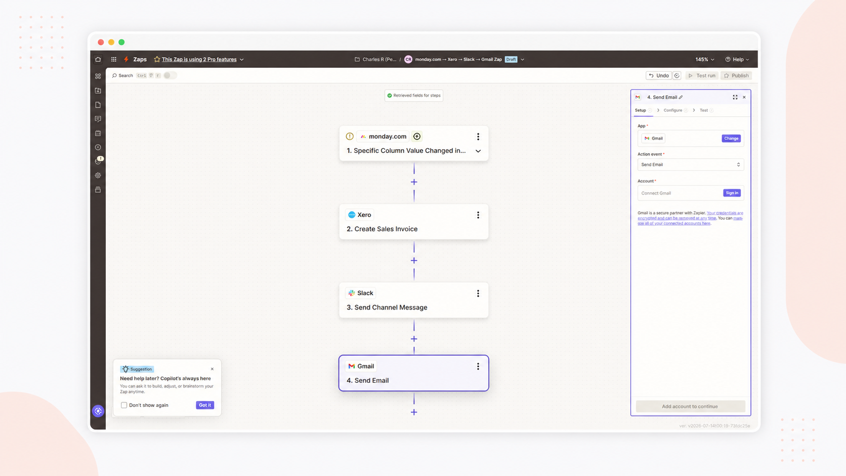 Zapier editor showing a four-step workflow connecting monday.com, Xero invoicing, a Slack message, and a Gmail email