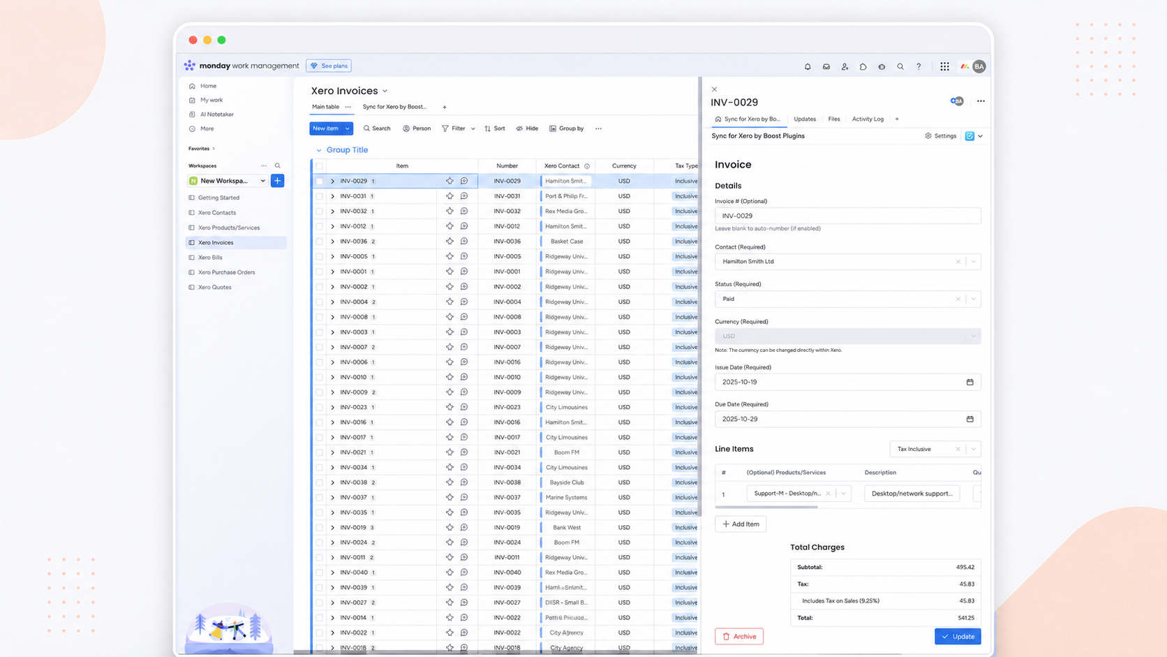 monday.com Xero Invoices board with the BoostSync for Xero item view open for invoice INV-0029, including invoice details and line items.