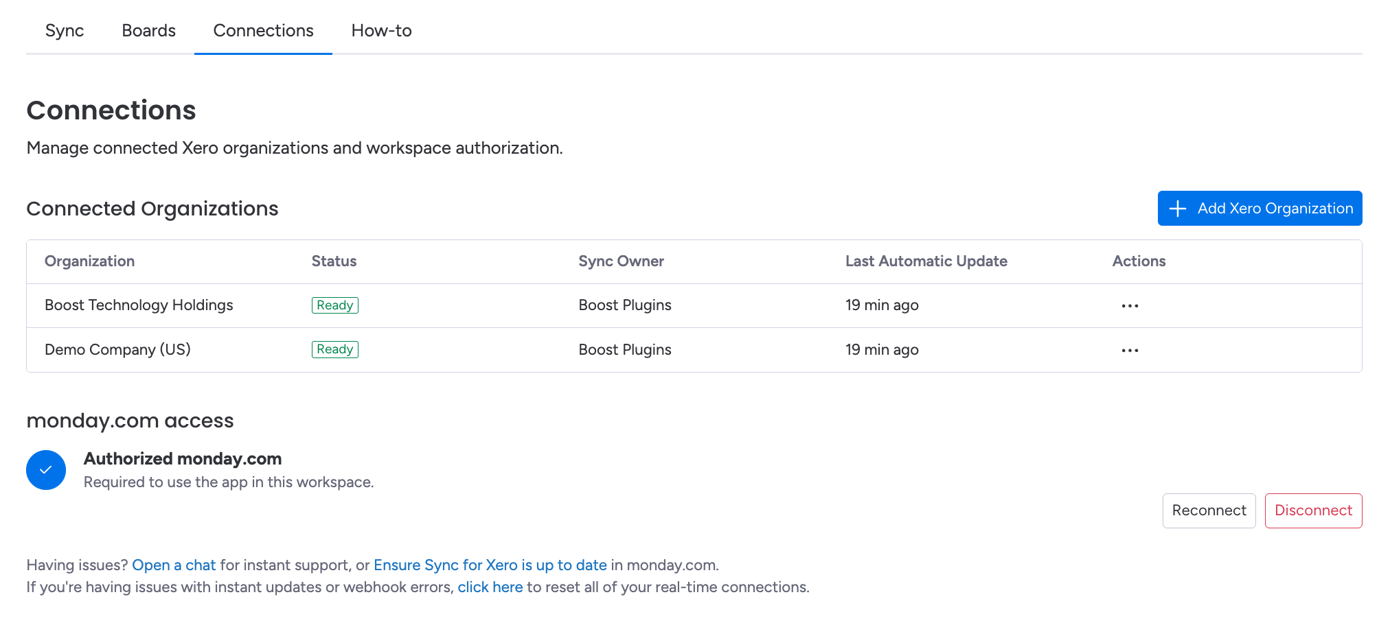 BoostSync for Xero connections page