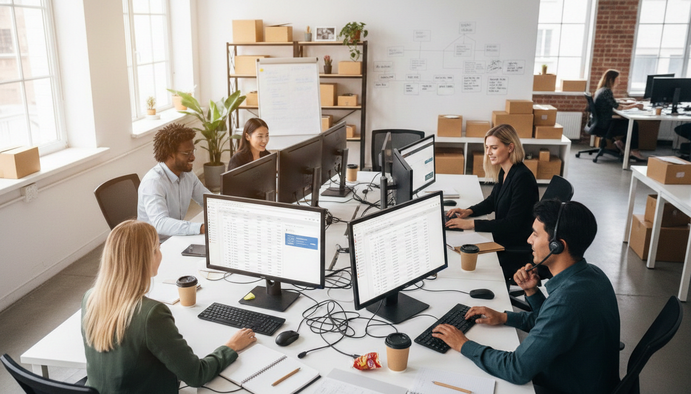 A photo of a growing e-commerce team managing multiple orders and customer conversations across platforms.