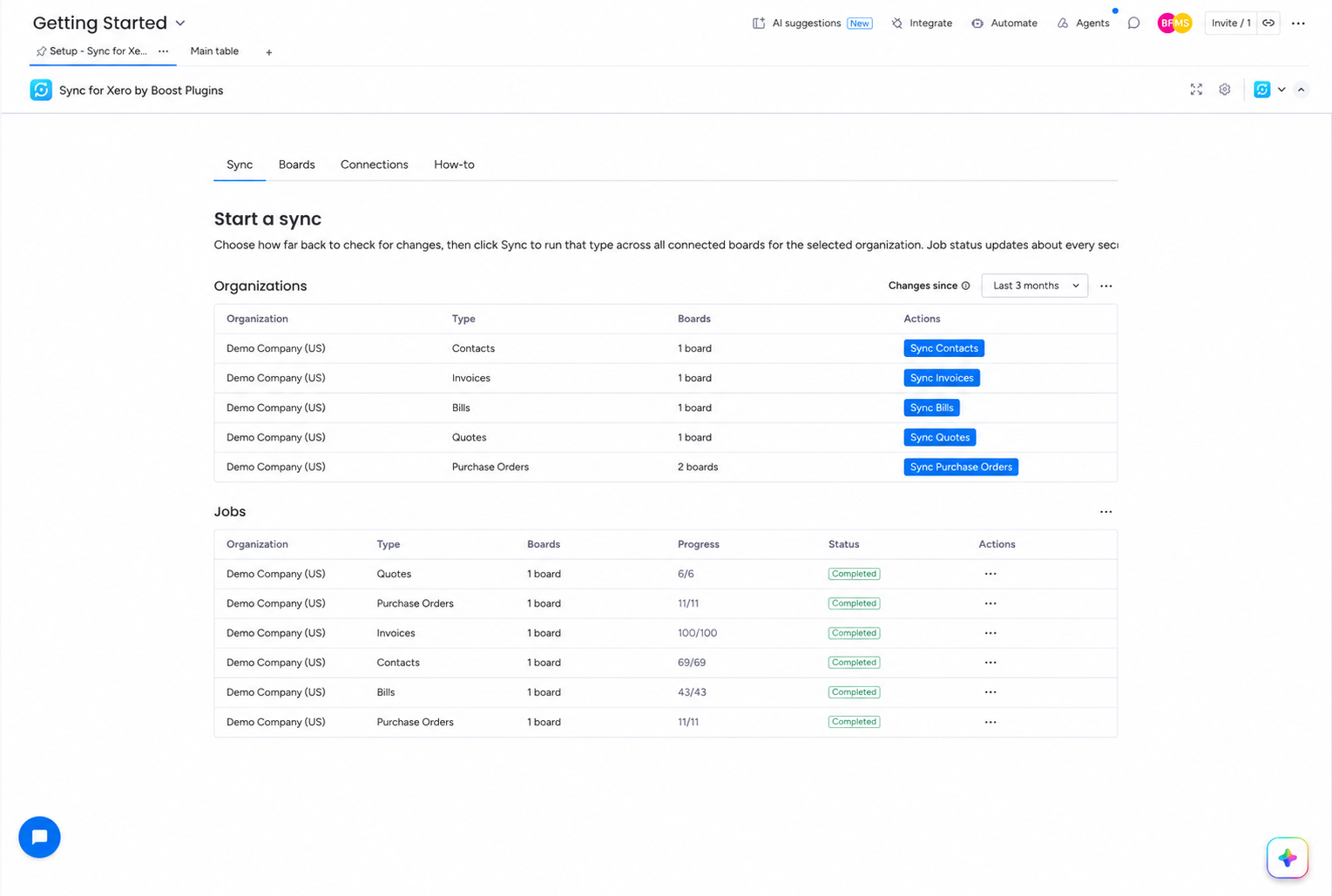 Picture of a software dashboard showing the start a sync screen