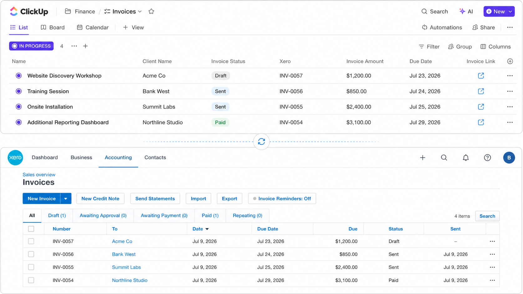 Synced list of invoices in ClickUp and Xero
