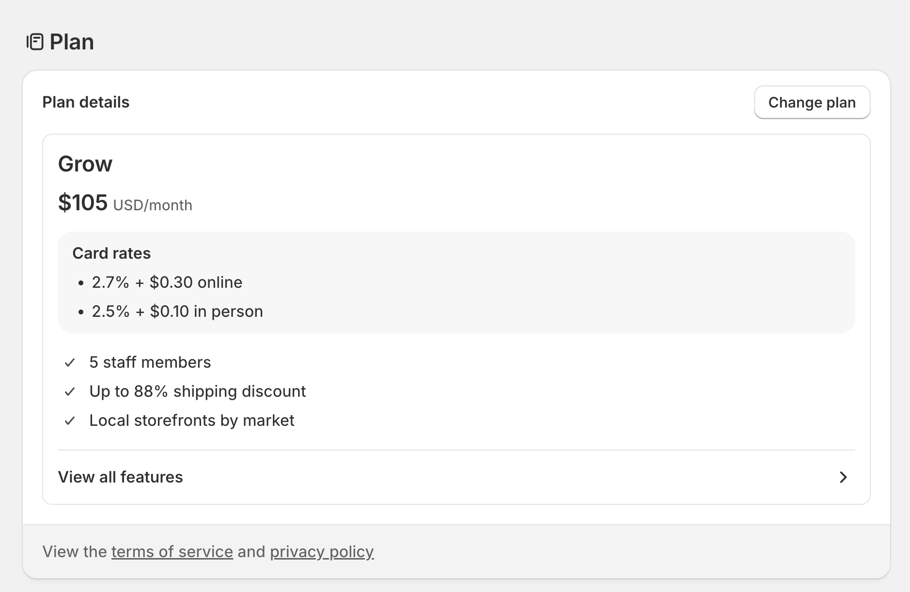 Picture of a Shopify dashboard screenshot showing the monthly Grow plan details