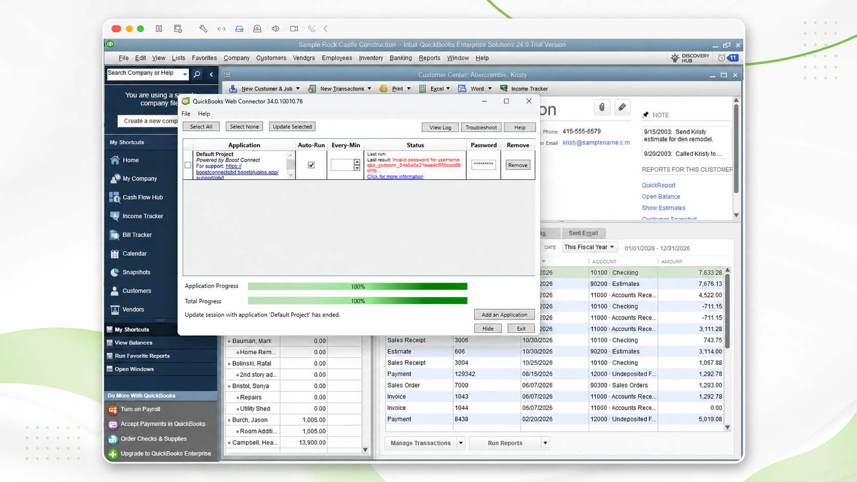 Picture of a QuickBooks web connector sync window
