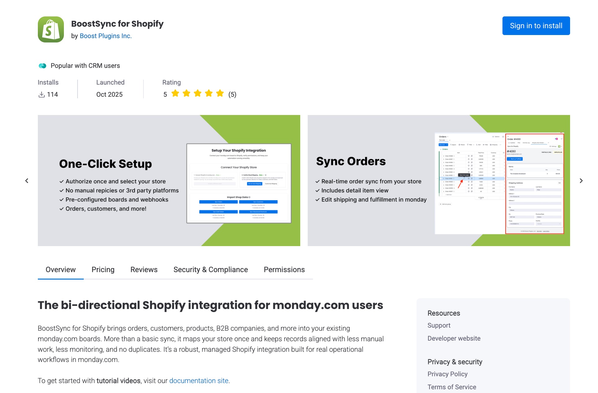 Picture of a BoostSync for Shopify app listing in the app marketplace