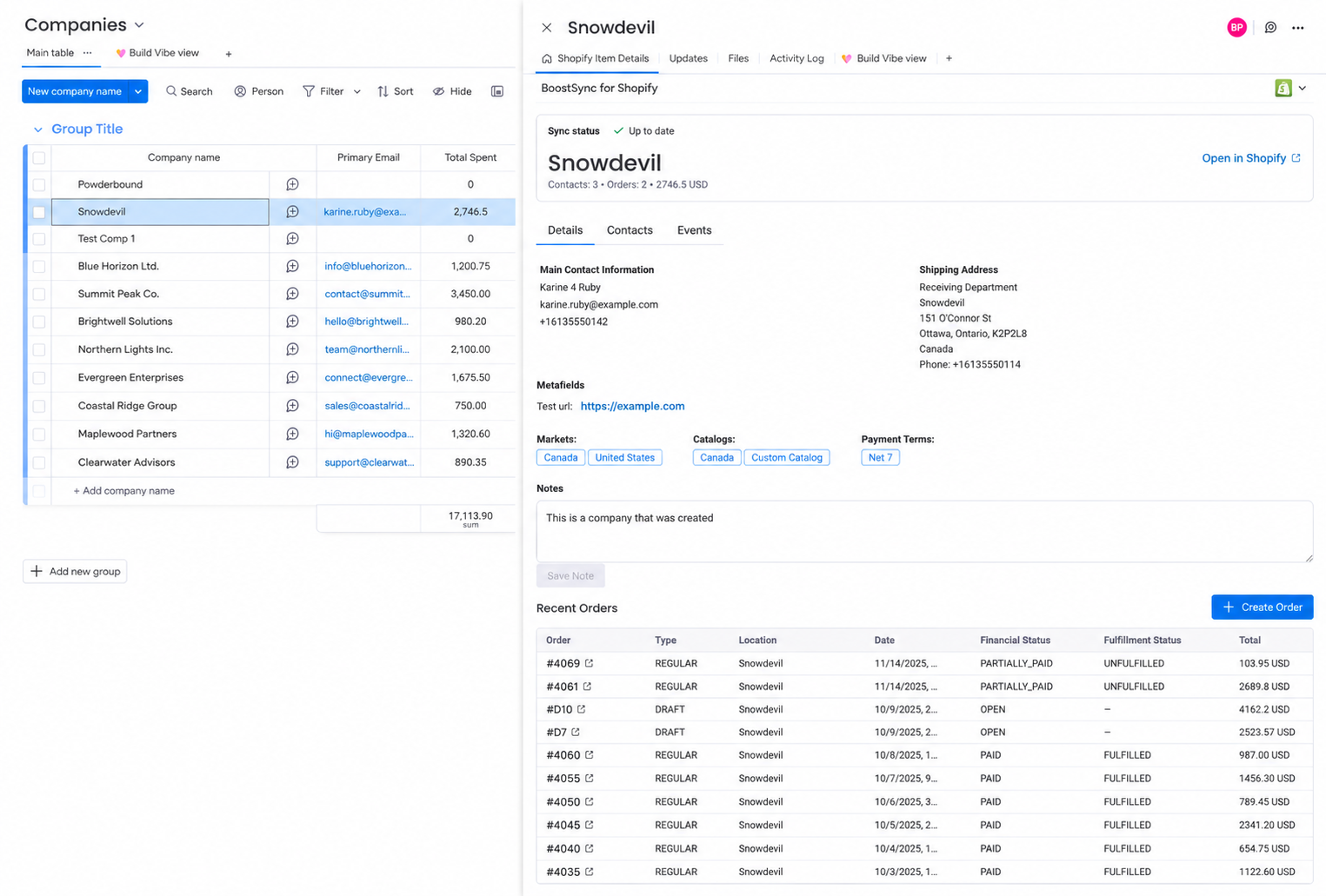 Picture of a company view board demonstrating shopify b2b with monday.com setup
