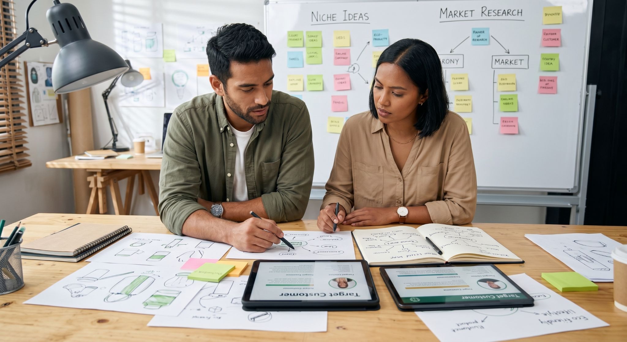 Picture of a man and a woman collaborating at a desk covered in market research notes