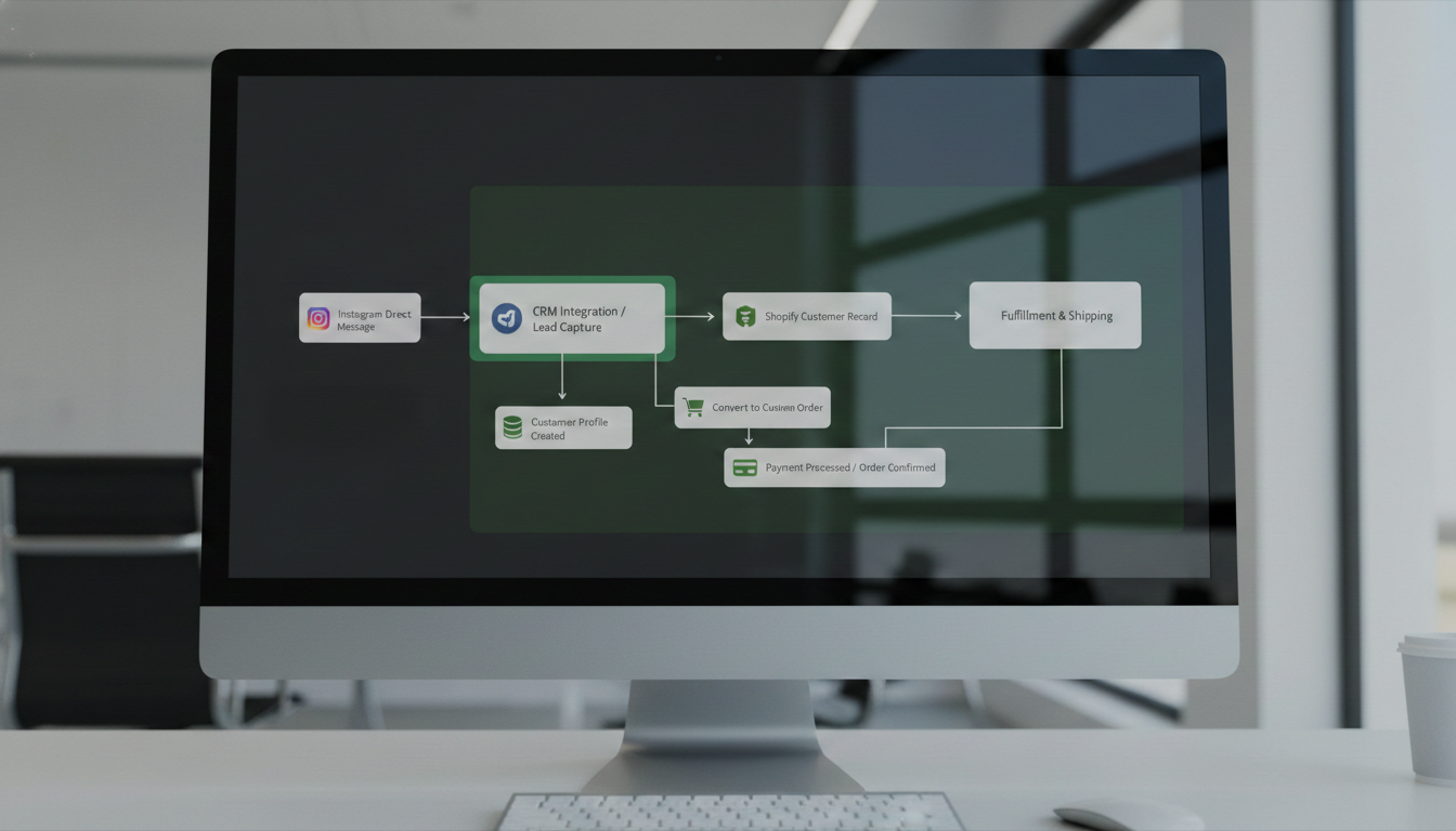 A photo of a workflow showing Instagram messages converting into a customer and order in Shopify.