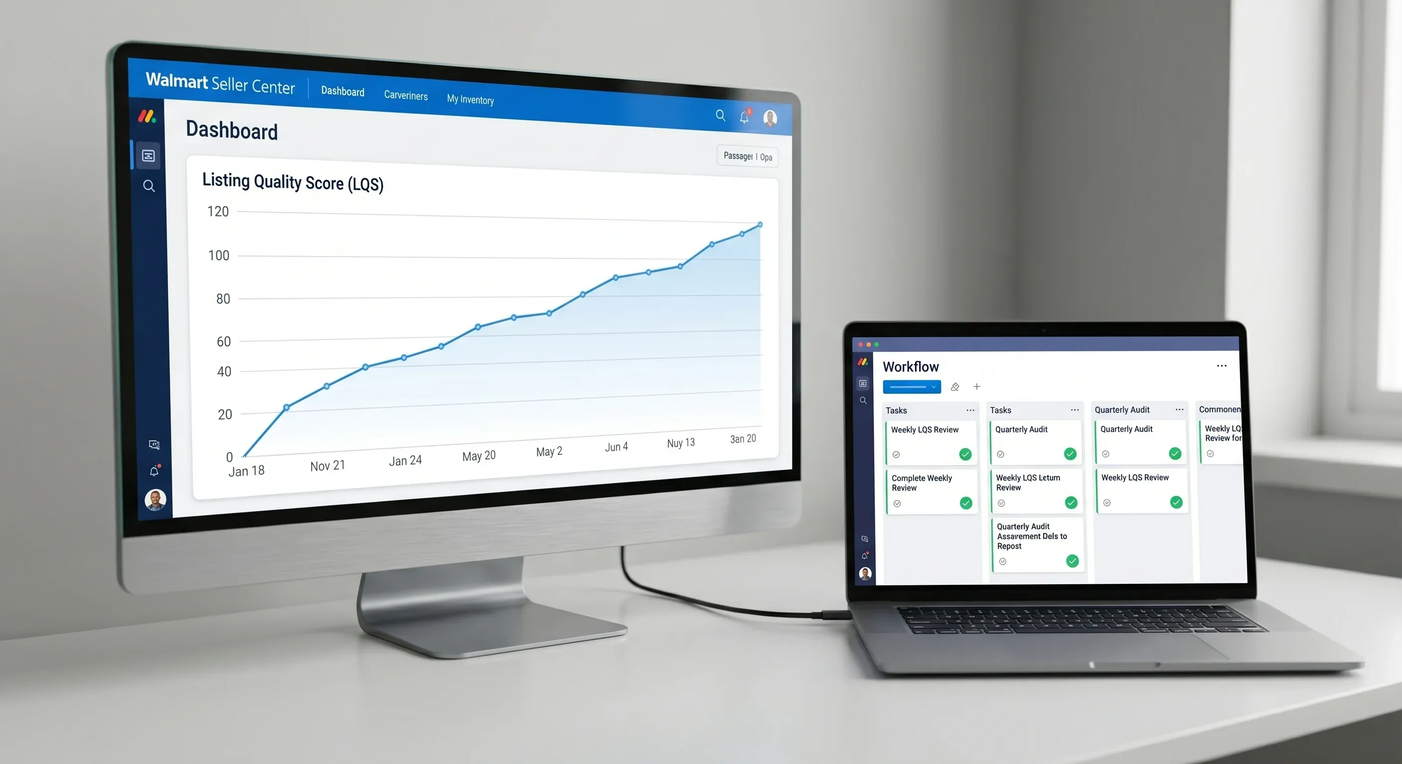 Picture of a desktop computer and a laptop displaying Walmart analytics and a monday.com workflow.
