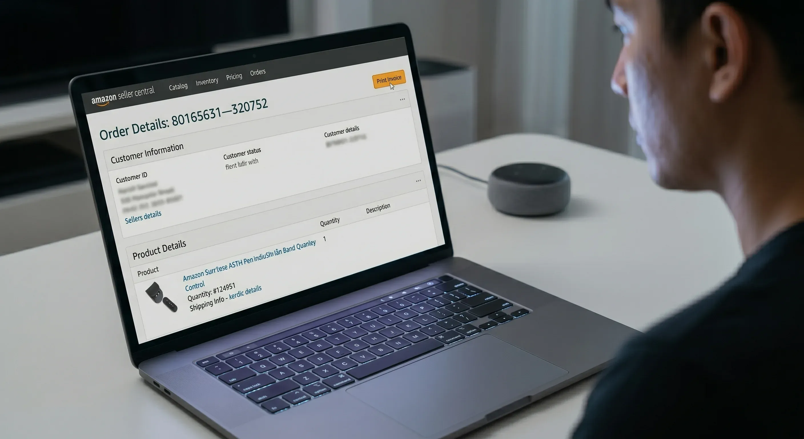 Picture of a person using a laptop showing the Amazon Seller Central dashboard overview