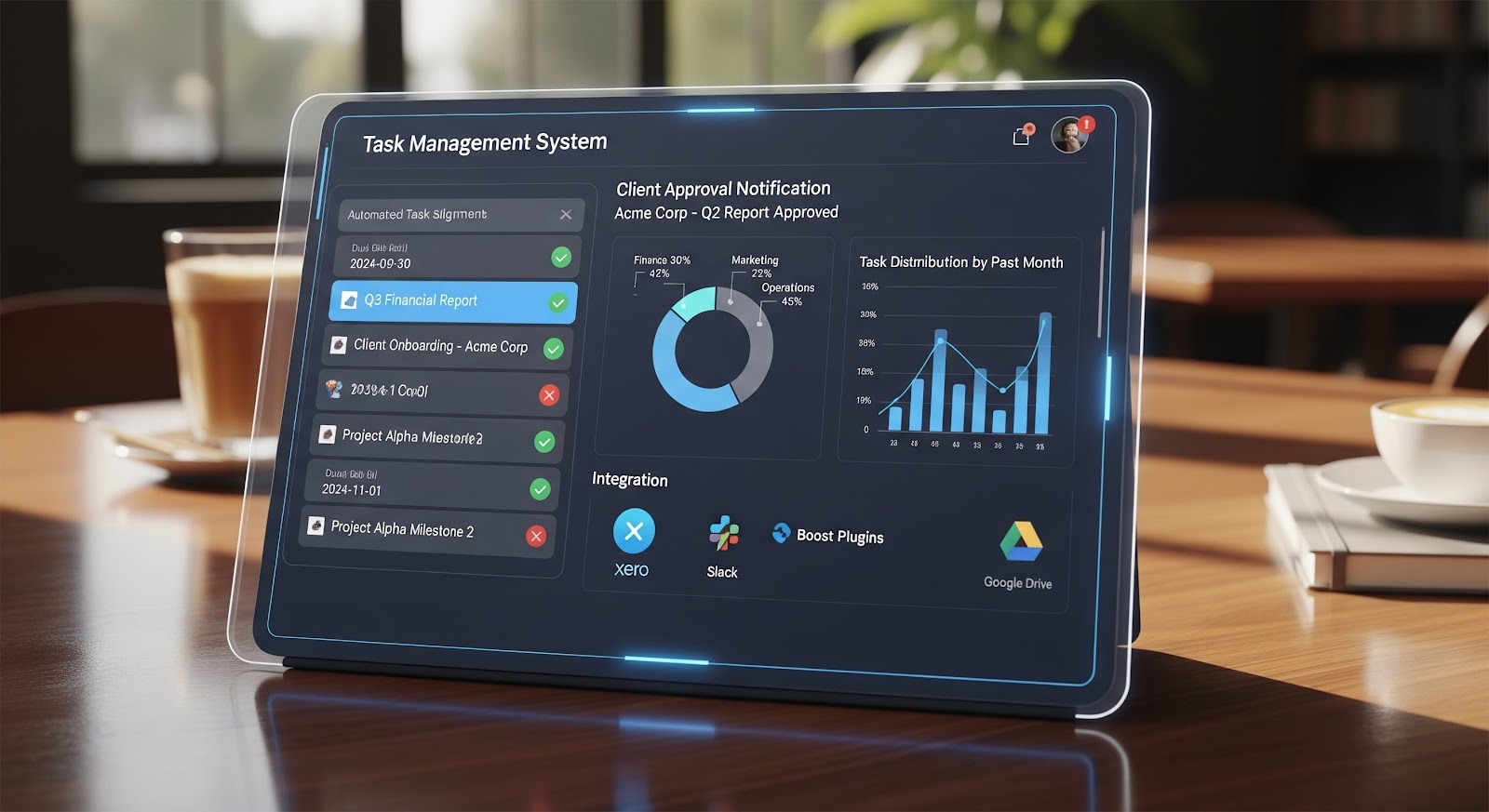 An image of a digital tablet displaying a task management system with charts, client approval notifications, and integrations like Xero and Boost Plugins, symbolizing automated accounting workflows.