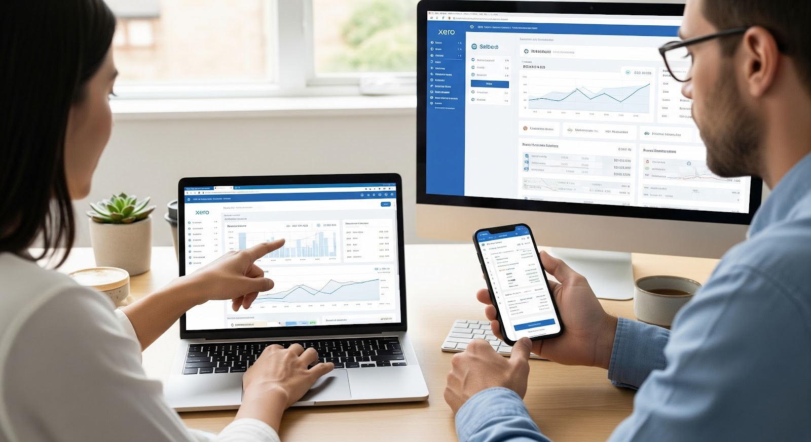 A photo of two people using Xero accounting software on a laptop, smartphone, and desktop monitor, reviewing financial graphs and business reports together in an office setting.