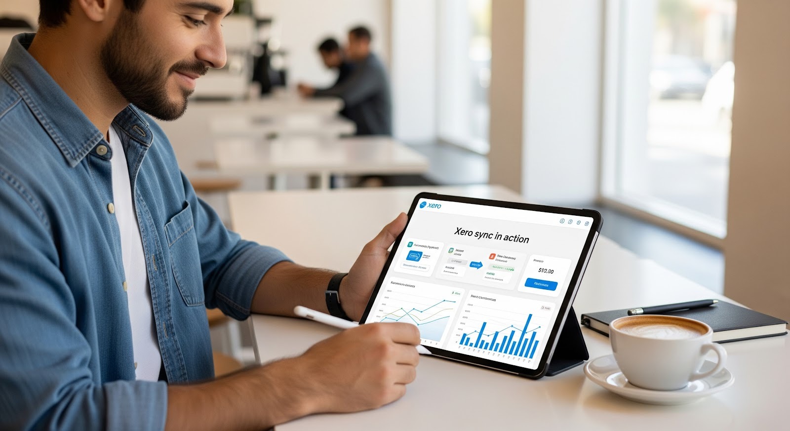 A photo of a man sitting at a café using a tablet with Xero sync displayed, reviewing financial charts and graphs over a cup of coffee.