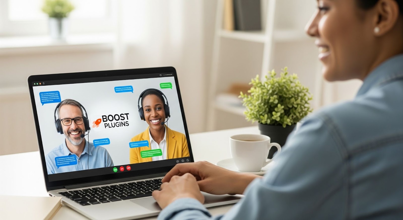 A photo of a woman on a video call with two Boost Plugins support agents wearing headsets, shown on her laptop screen.