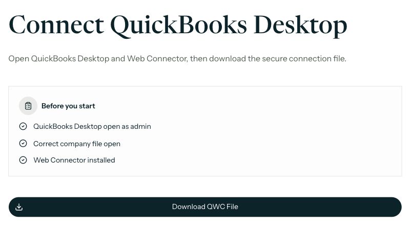 Connect QuickBooks Desktop setup page with the Download QWC File button beneath the Before you start checklist.